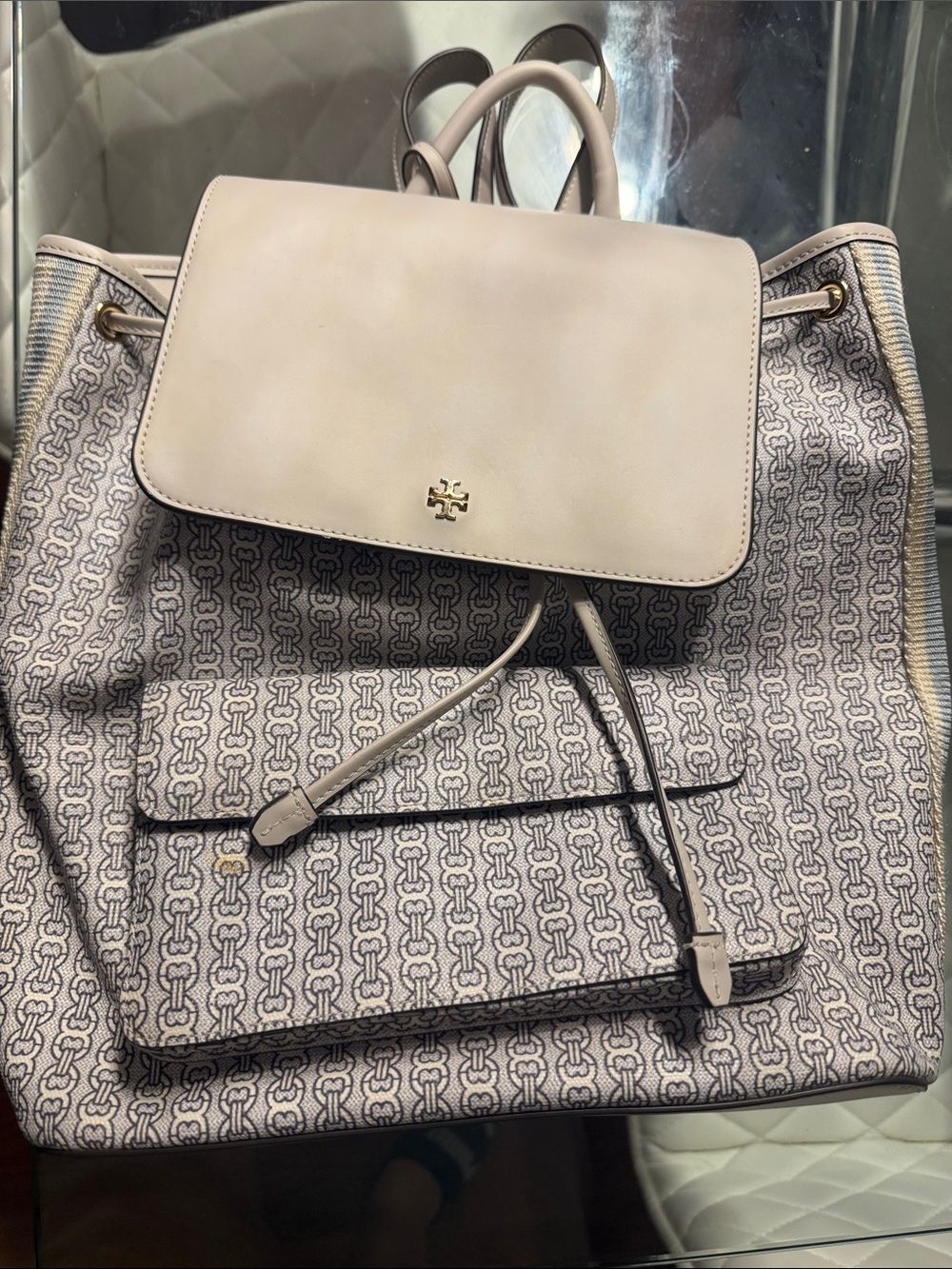 Tory Burch Cream Logo-Pattern Drawstring Backpack